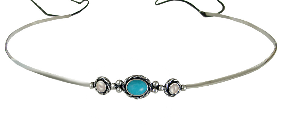 Sterling Silver Renaissance Style Headpiece Circlet Tiara With Turquoise And Cultured Freshwater Pearl